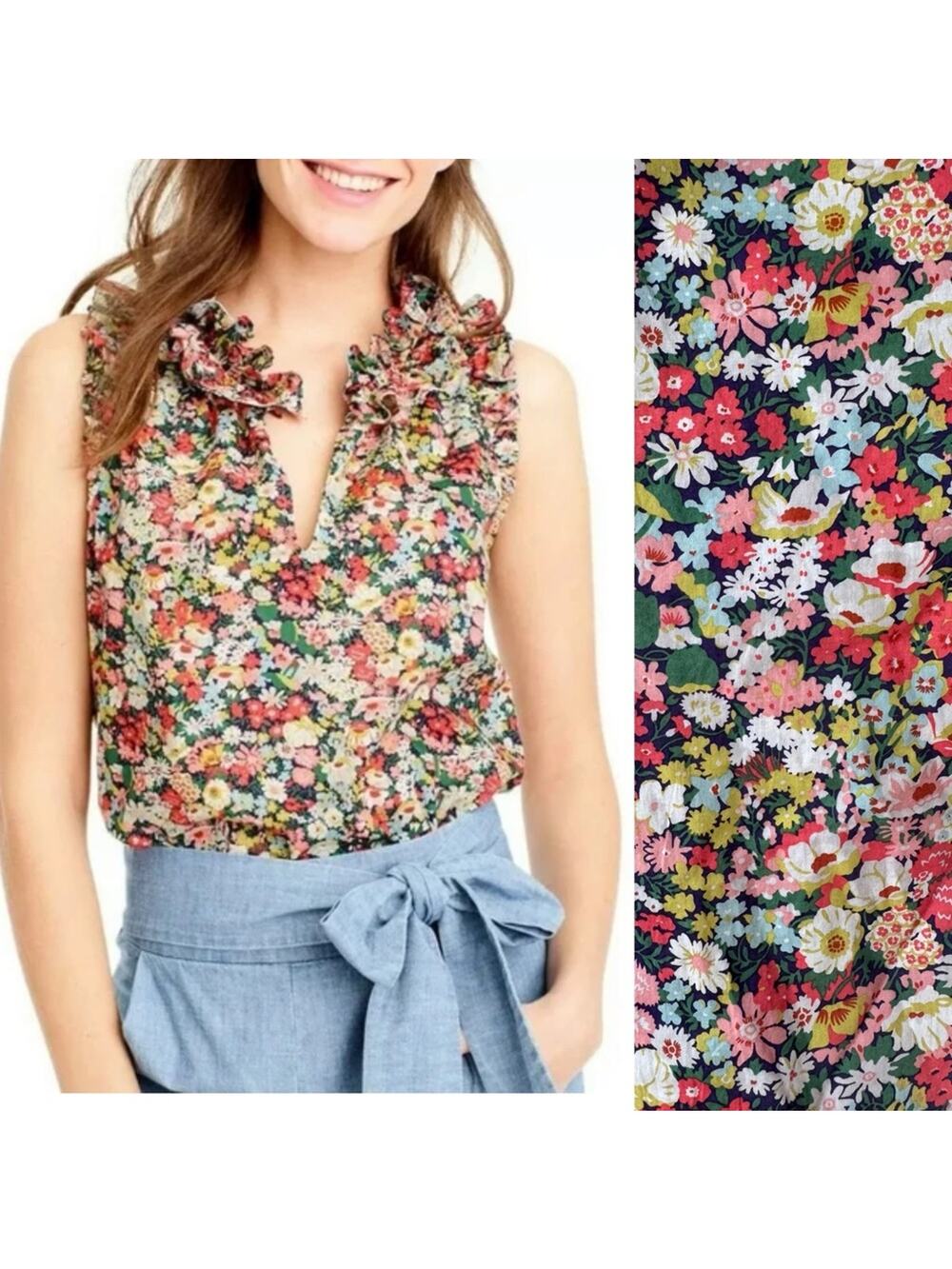 J Crew x Liberty of London Thorpe Multicolor Floral Ruffle Sleeveless Blouse 0